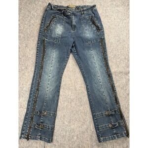 Vtg. Women's Y2K Crest Jeans Criss Cross Zip Up Low Rise Flare Jeans Size 19/20